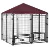 5' x 5' Outdoor Dog Kennel with Rotating Bowl Holders, Walk-in Pet Playpen, Wire Steel with Water and UV-Resistant Canopy, Red