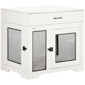 Stylish Dog Crate End Table White with Cushion Dog Cage Kennel Drawer 2 Doors Small Dogs Indoor Crate
