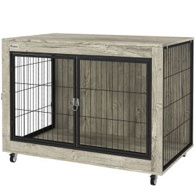 39" Dog Crate Furniture End Side Table with Wheels, Interchangeable Side Door, for Large Dogs, Gray