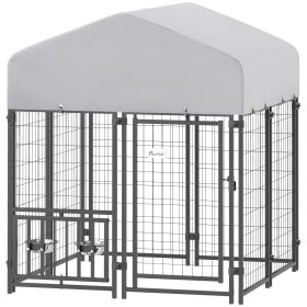 Welded Wire Outdoor Dog Kennel with 360° Rotating & 4 Levels Adjustable Bowls, Waterproof Cover, 3.9' x 3.9' x 4