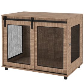 39" Dog Crate Furniture, Dog Kennel Furniture End Table with Sliding Barn Door for Large Dogs, Walnut Brown