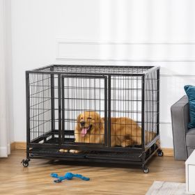 43" Heavy Duty Dog Crate with Removable Tray, Lockable Wheels and Double Door, for Large and Extra Large Dogs, Black (Color: Black)