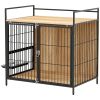 30 Inch Dog Crate Furniture, Indoor Pet Kennel Side Table with Rotatable Bowls, 2 Anti-Escape Doors, for M Dogs, Oak