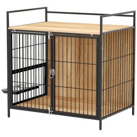 30 Inch Dog Crate Furniture, Indoor Pet Kennel Side Table with Rotatable Bowls, 2 Anti-Escape Doors, for M Dogs, Oak (Color: Oak)